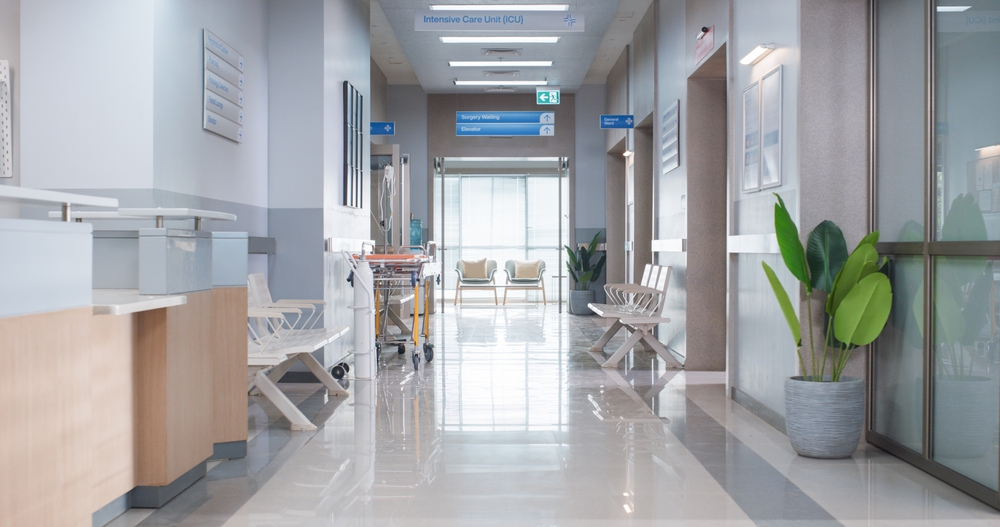 Empty Hospital Reception Hall During the Day in a Modern Clinic.