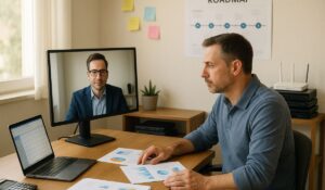 Small business owner reviewing IT budget with a virtual CIO on screen, surrounded by charts, a laptop calendar, and a visible network roadmap. Used for a blog on IT budgeting services in Villa Park IL.