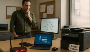 Small business office with exposed cybersecurity risks: a glowing red router, remote desktop login, and a printer with a “Default Password” tag. Supports network security blog focused on Villa Park IL SMBs.