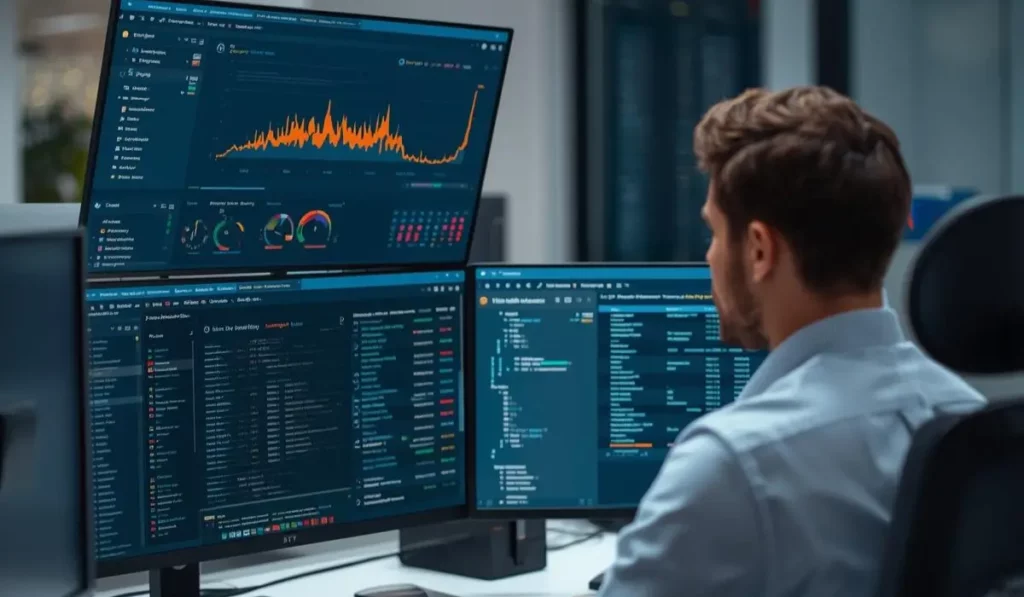 IT specialist performing server monitoring on multi-screen dashboard to track system health and prevent downtime in real time.