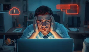 Business employee stressed during cloud email migration failure, with sync error messages and cloud icon visible on screen.