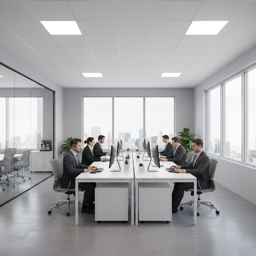 Corporate employees in business suits working at a long white desk with computer monitors in a bright, modern open-plan office.