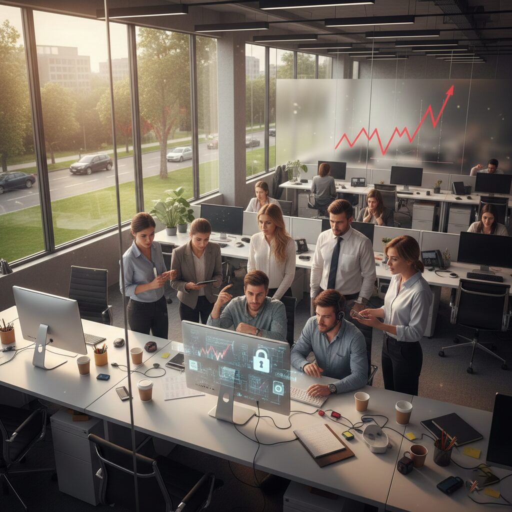 A team of young professionals in a modern open-plan office gathered around a computer monitor displaying a security padlock and data charts, with a large red upward-trending line on a glass wall in the background.