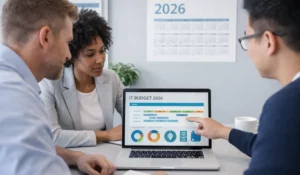 Small business team engaged in IT Budget Planning for 2026, reviewing charts, timelines, and cloud security data on a laptop.