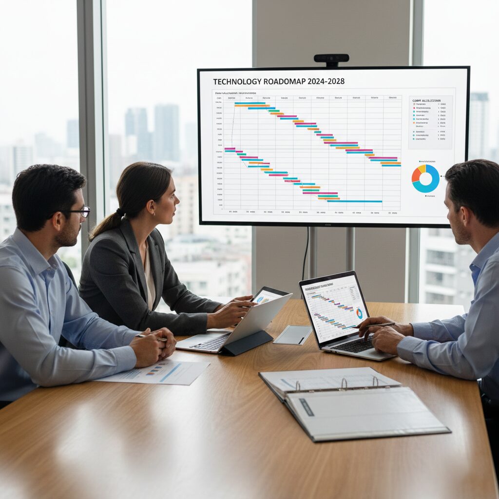 Business executives in a high-rise office boardroom reviewing a 2024-2028 technology roadmap on a large digital display.