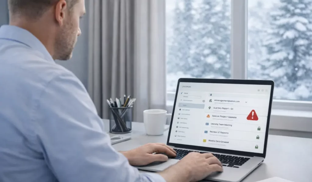 Business professional reviewing a suspicious email on a laptop during winter, highlighting phishing attack risk in business email systems.