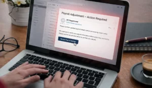 Phishing Scams example showing employee viewing fake payroll adjustment email on business laptop before clicking malicious link