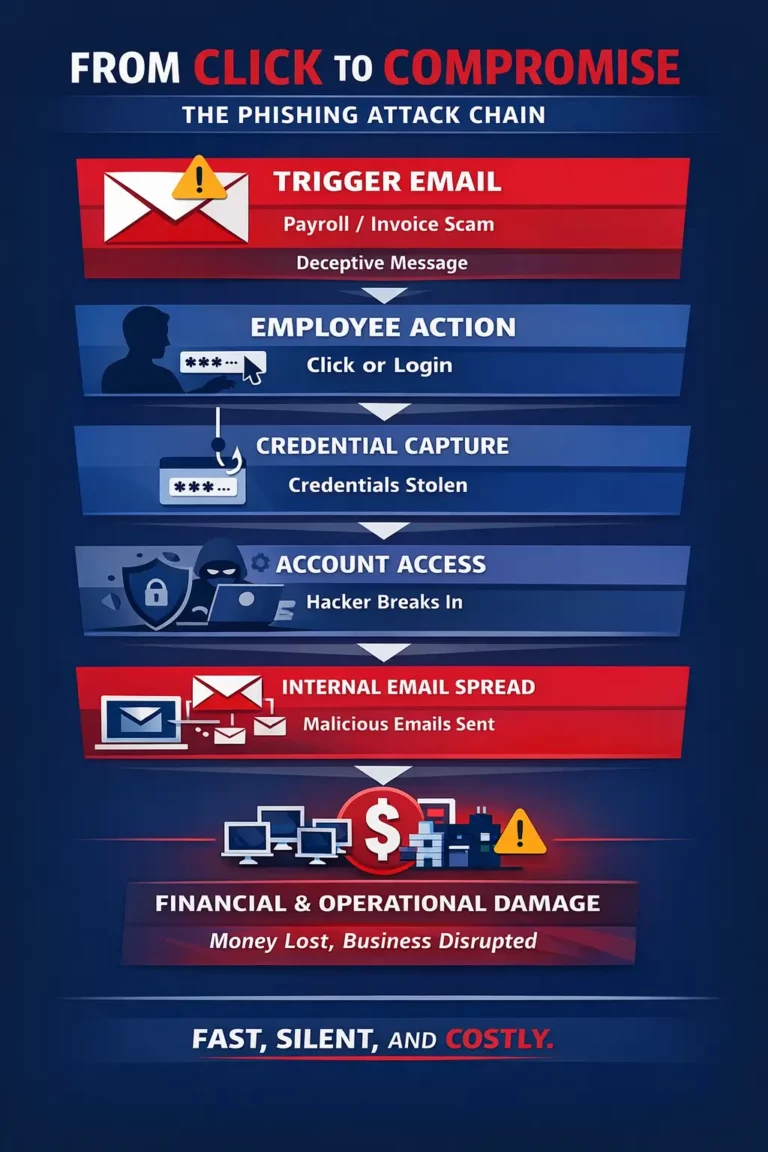 Phishing Scams infographic showing how a single email click leads to credential theft, account access, internal spread, and financial damage