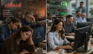 IT Infrastructure comparison showing business downtime with system errors versus optimized performance with monitoring and fast network speeds