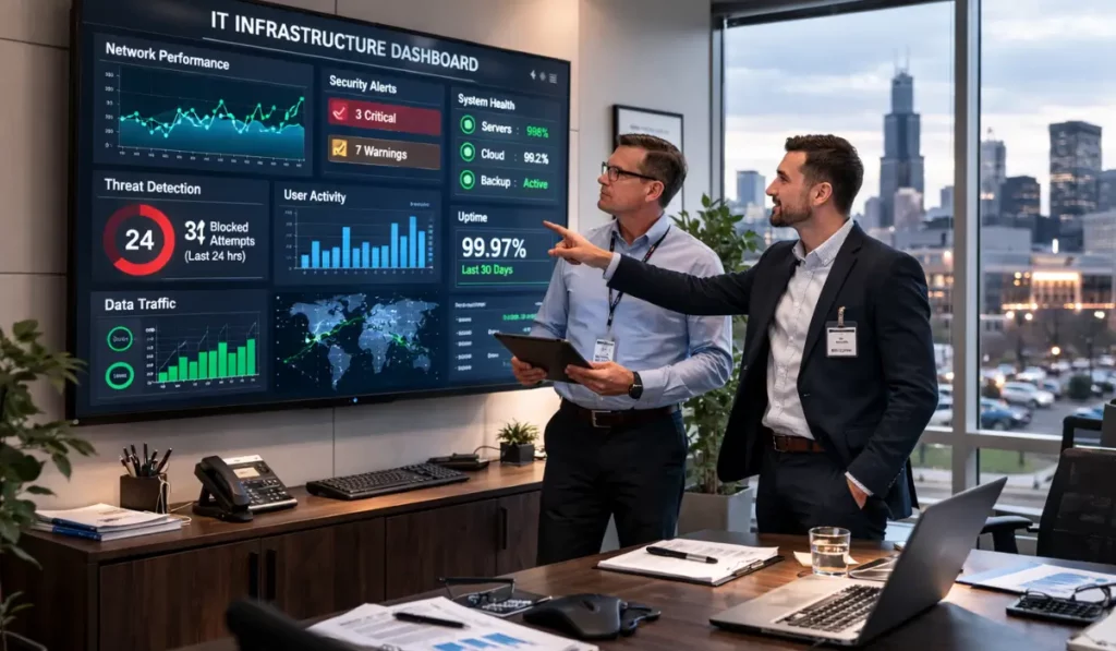 Co-Managed IT Partner reviewing infrastructure dashboard in Villa Park office