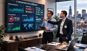 Co-Managed IT Partner reviewing infrastructure dashboard in Villa Park office