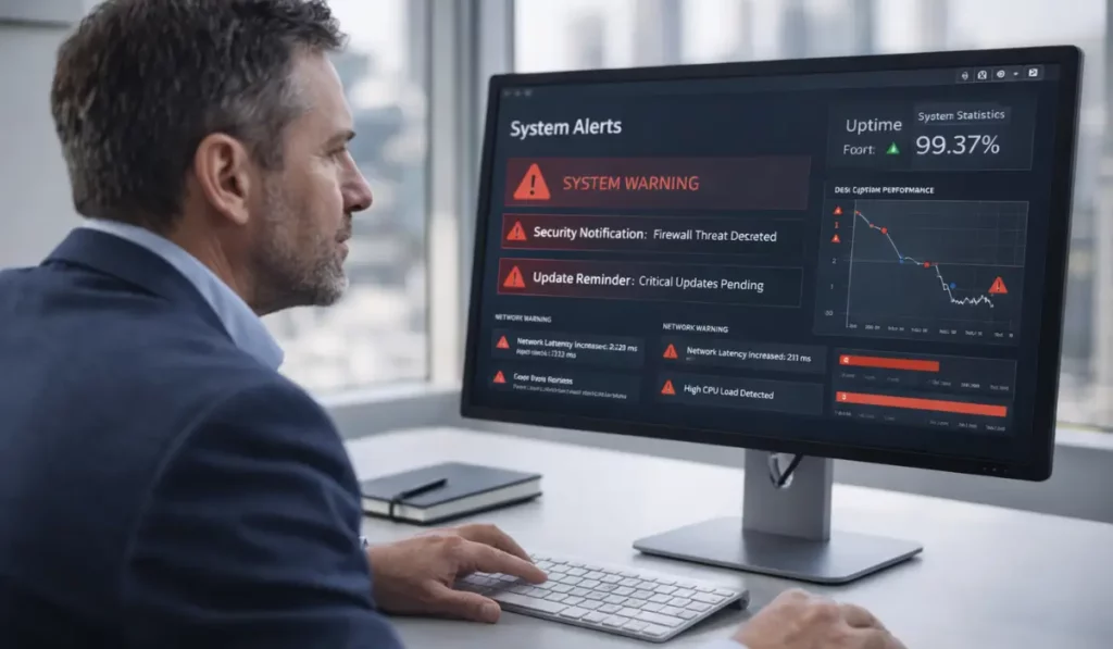 Business executive reviewing system warning alerts highlighting hidden costs of IT neglect.