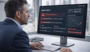 Business executive reviewing system warning alerts highlighting hidden costs of IT neglect.