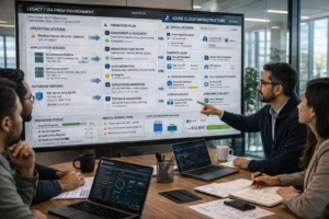 IT team performing Tech Spring Cleaning by reviewing a cloud migration plan to replace legacy systems with modern infrastructure