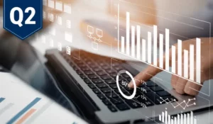 Q2 tech budget planning dashboard with charts and data showing IT spending and ROI analysis