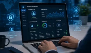 IT professional monitoring cybersecurity dashboard with data protection, authentication login, and secure network system on laptop for remote workforce security