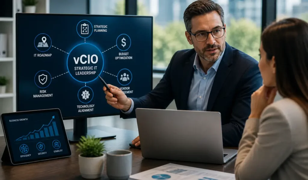 Virtual CIO leading an IT strategy discussion with a business client, focusing on planning, performance, and growth in a modern office setting.