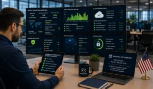 Memorial Day Cybersecurity Tips displayed on a cybersecurity readiness checklist as an IT professional monitors endpoint protection, cloud backups, access controls, and threat detection dashboards in a modern business office.