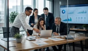 Business executives conducting a mid-year IT health check to evaluate cybersecurity, technology performance, IT support capacity, and business growth alignment.
