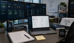Network security onboarding process showing device preparation, user provisioning, access permissions, MFA setup, employee onboarding checklist, and secure new hire technology deployment.