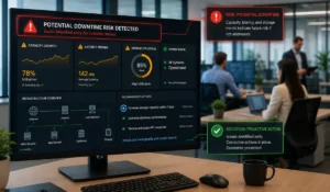 Enterprise server monitoring dashboard showing capacity growth trends, network latency indicators, storage utilization metrics, infrastructure health status, and active alerts in a modern office environment.