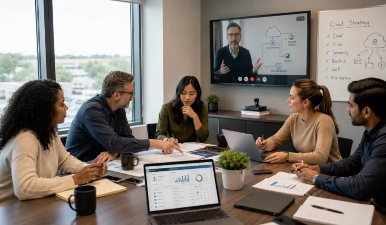 A small business team collaborating in a modern office using Cloud Tools to improve communication, secure file sharing, and productivity during a hybrid meeting.