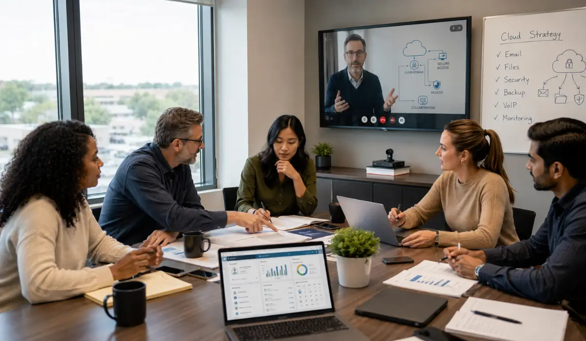 A small business team collaborating in a modern office using Cloud Tools to improve communication, secure file sharing, and productivity during a hybrid meeting.