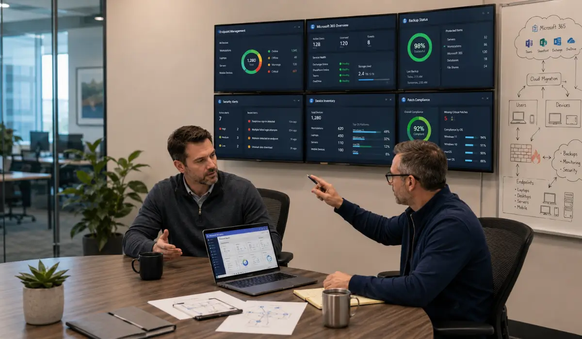 Two IT professionals collaborating in a modern conference room while reviewing cybersecurity, endpoint management, Microsoft 365, backup, and network monitoring dashboards on multiple displays, illustrating how Co-Managed IT supports internal business IT teams with shared expertise and strategic technology planning.