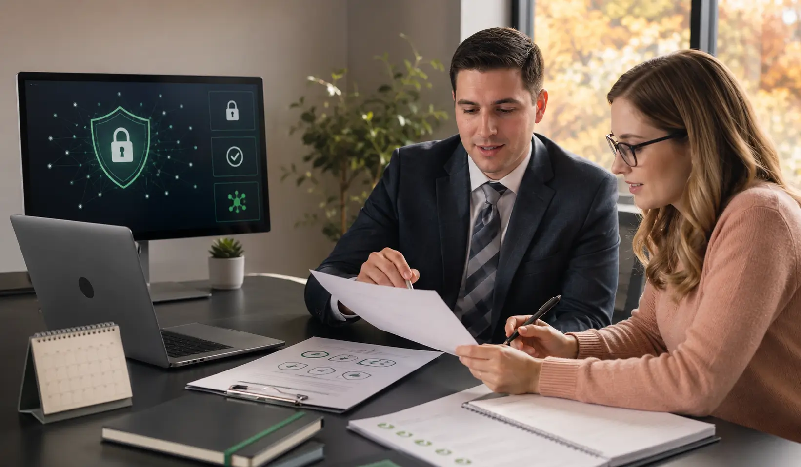 Business professionals reviewing cybersecurity policies during a fall IT security review