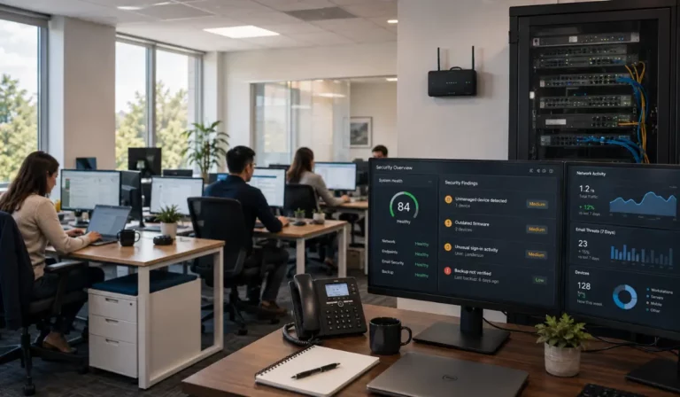 IT security audit dashboard showing network risks in an active business office