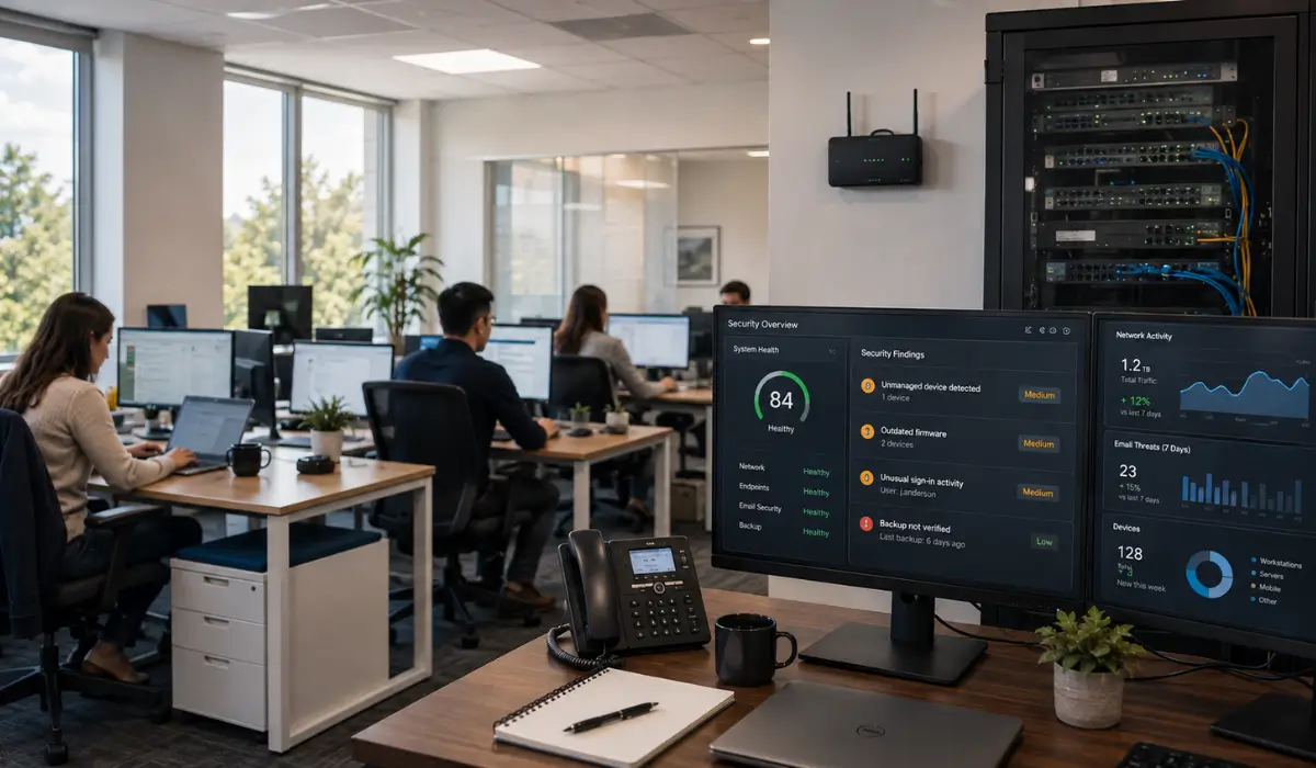 IT security audit dashboard showing network risks in an active business office