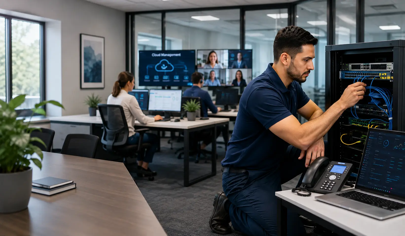 IT support technician servicing network equipment in a hybrid workplace