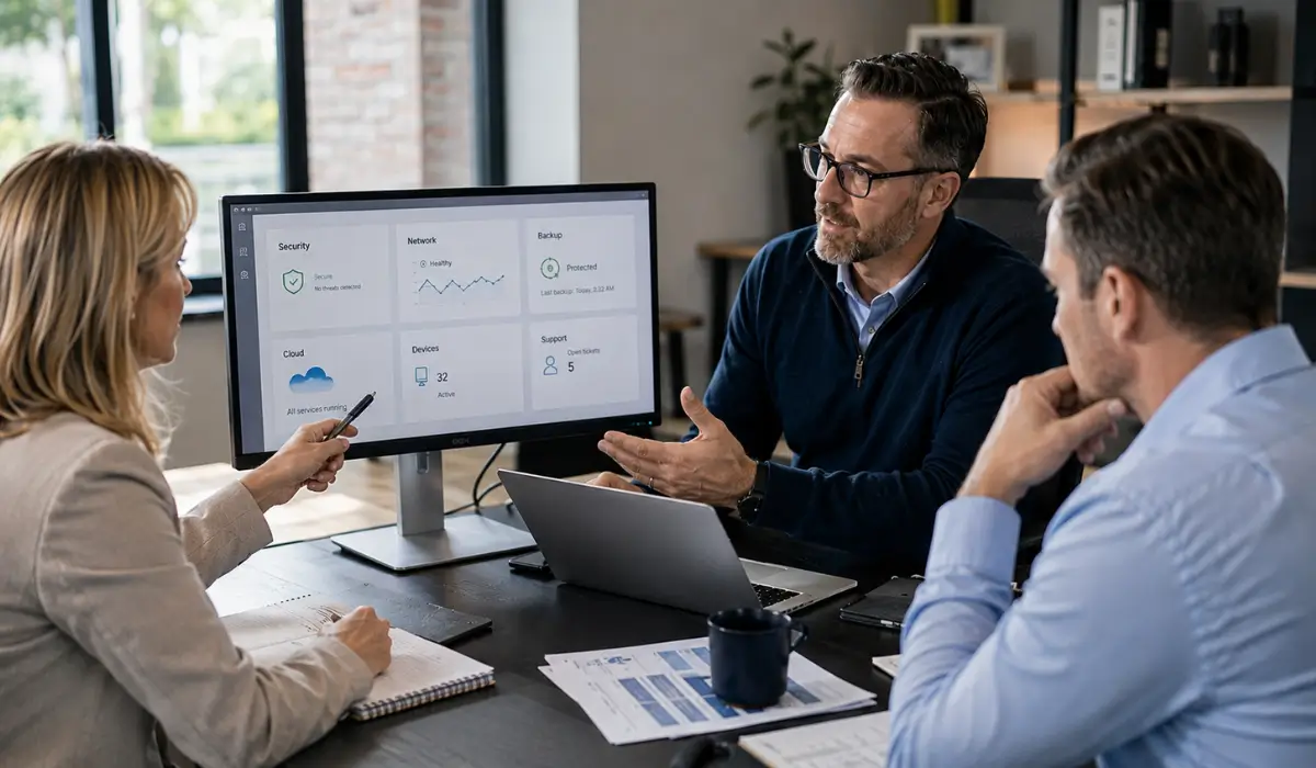 Small business leaders meet with a technology specialist to review security, networks, backups, cloud systems, and support as they consider whether to outsource IT.