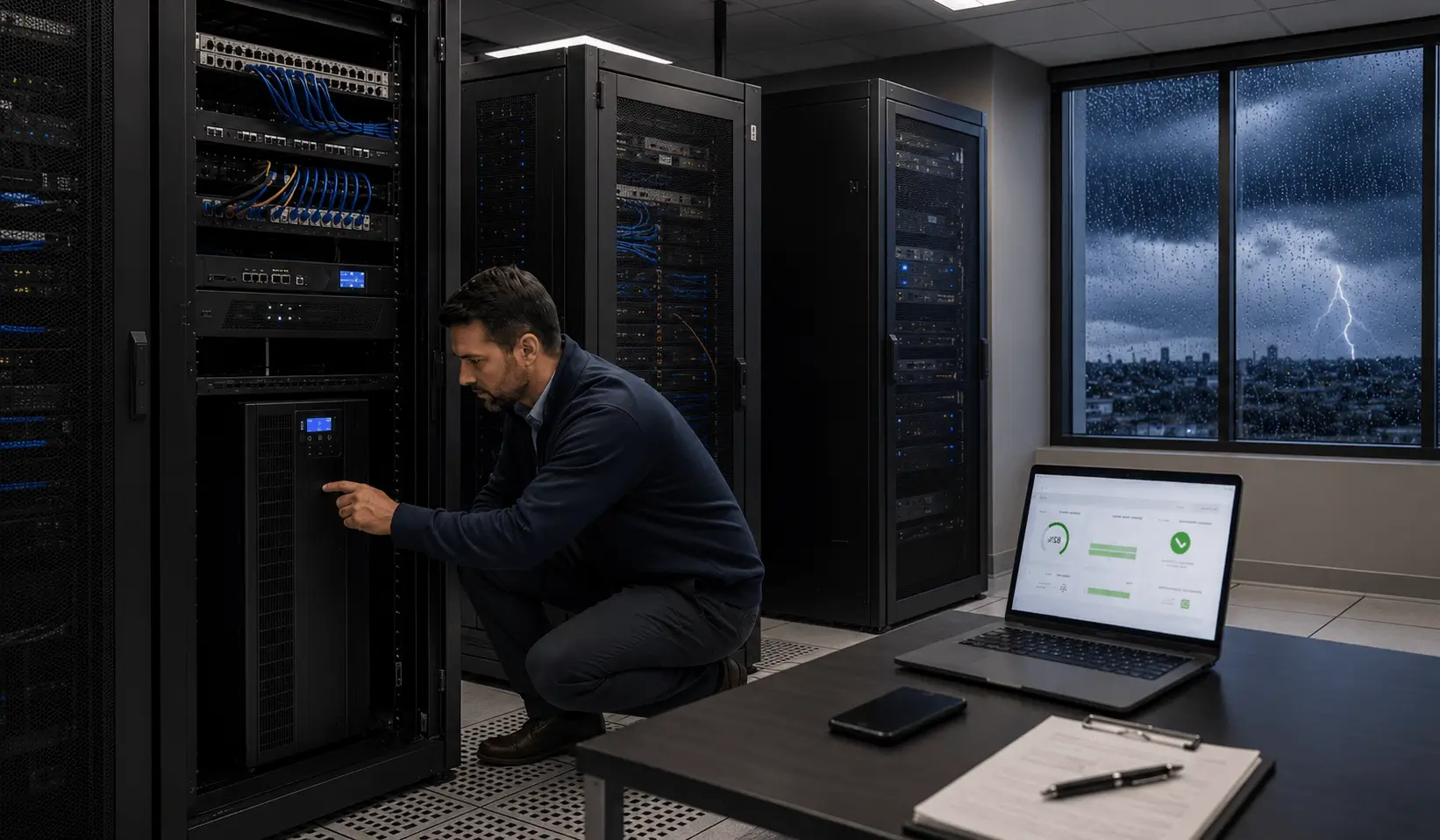 Server safety review with an IT technician monitoring business infrastructure during severe weather